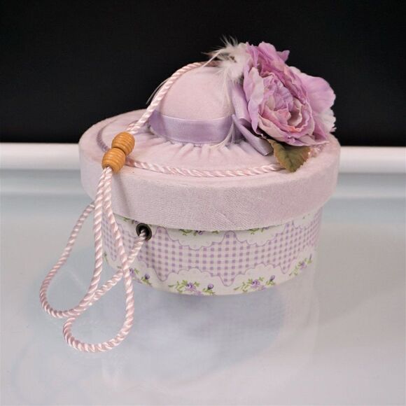 Vintage Decorative Gift Box Floral Lavender Round Keepsake Box Faux Flowers Lid - Picture 10 of 10